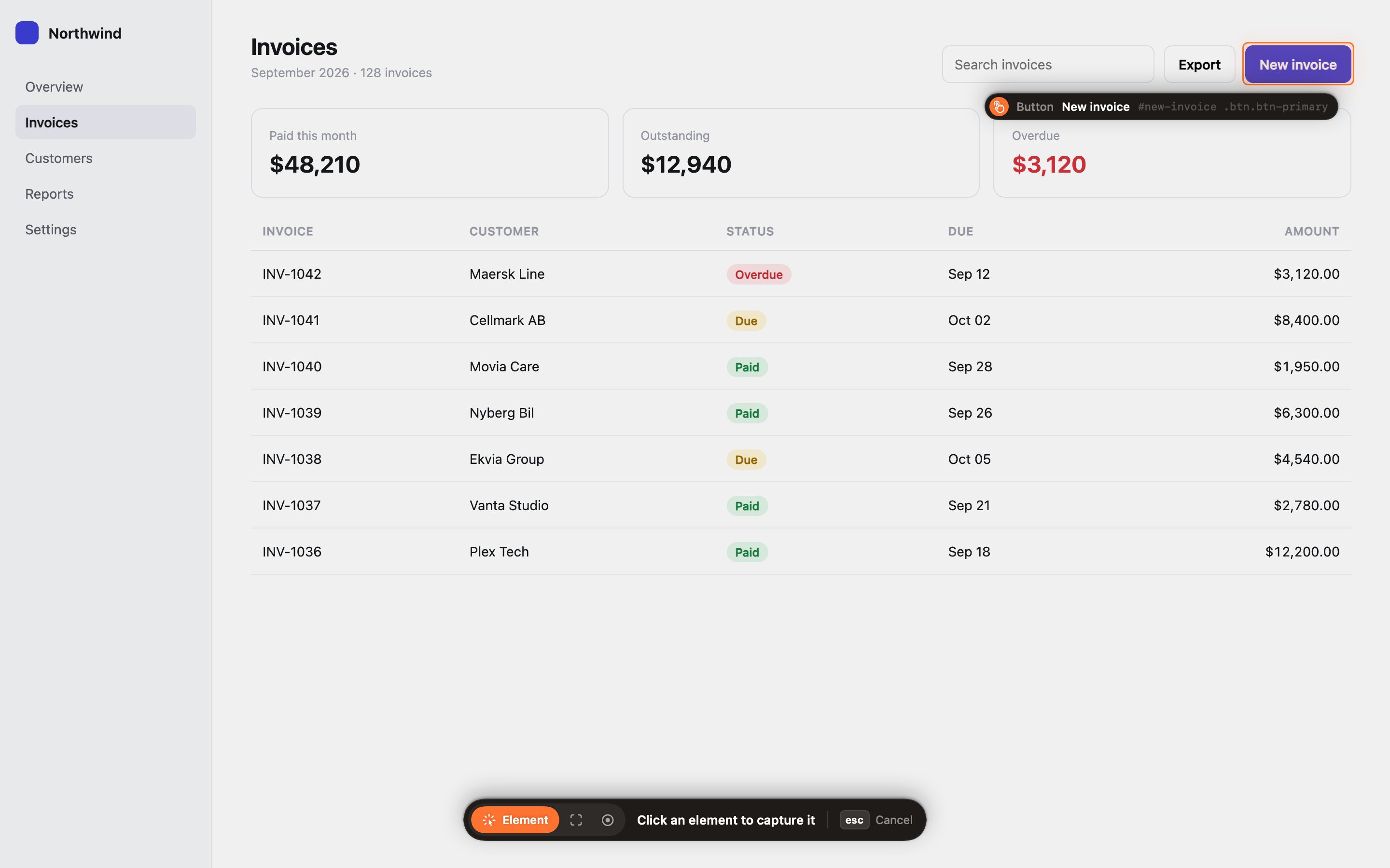 Clipframes highlighting the New invoice button in a web app, with its name and selector in a label above it