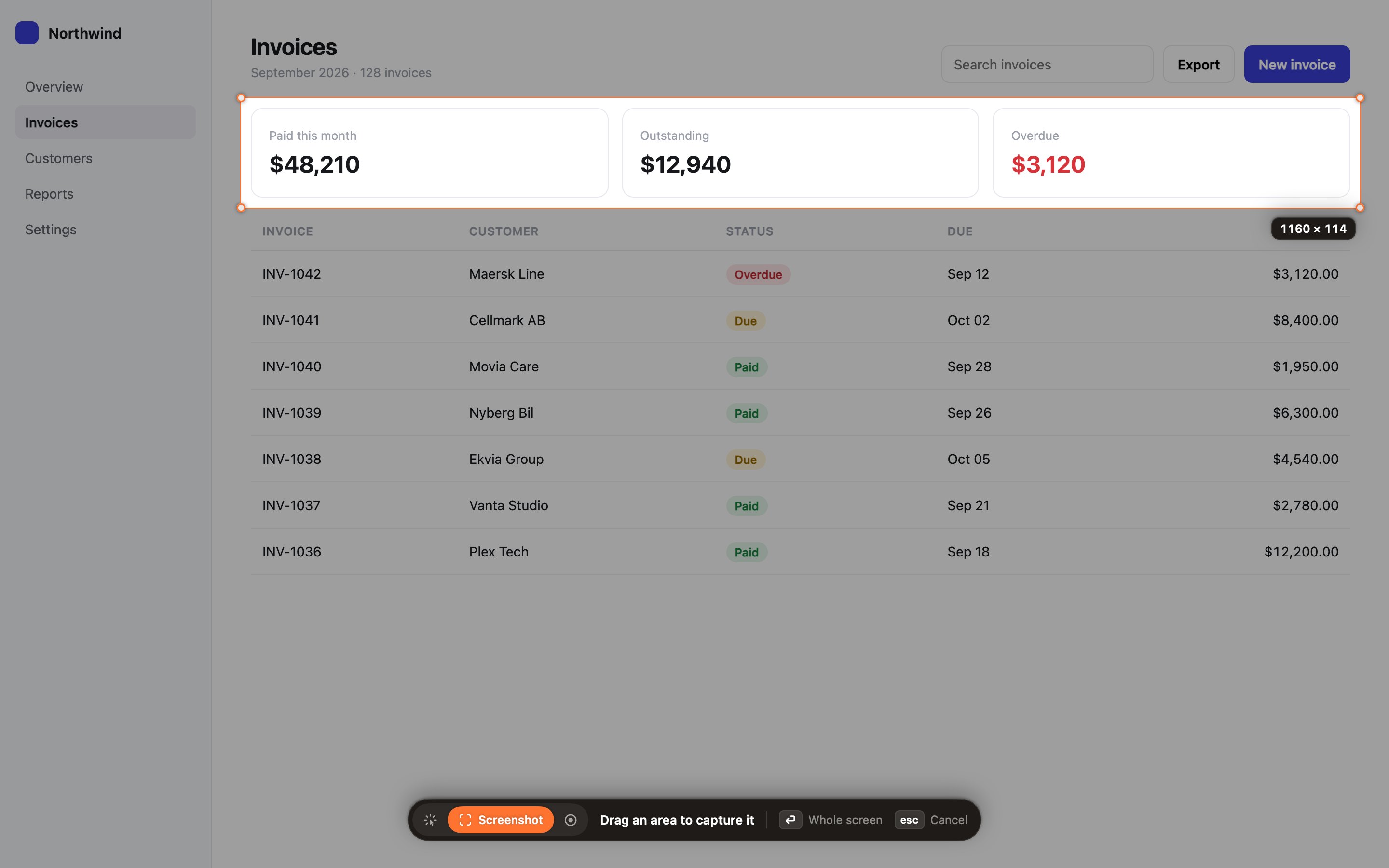 An area of a web app selected with Clipframes, the rest of the screen dimmed